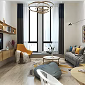 Modern Apartment Living Room With Gray Sofa Orange Chair Wooden Bookshelf Large Windows And Chandelier