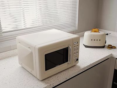 White Microwave And Toaster On Kitchen Countertop With Orange And Coins Near Blinds 3d model