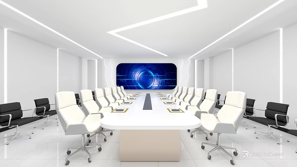 Modern Conference Room With White Table White Chairs Blue Screen And Ceiling Light Strips 3d model 