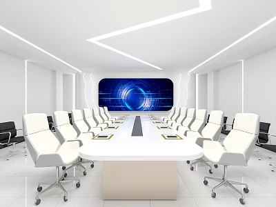 Modern Conference Room With White Table White Chairs Blue Screen And Ceiling Light Strips 3d model
