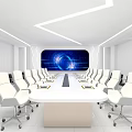 Modern Conference Room With White Table White Chairs Blue Screen And Ceiling Light Strips