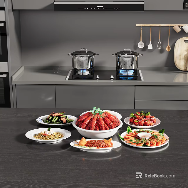 Colorful Assorted Food Plates With Salad Grilled Meat And Fresh Vegetable Dishes On Kitchen Table 3d model 
