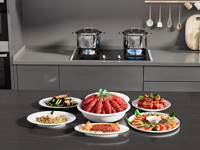 Colorful Assorted Food Plates With Salad Grilled Meat And Fresh Vegetable Dishes On Kitchen Table 3d model