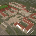 Campus School Buildings With Red Roofs Square Trees And Football Field