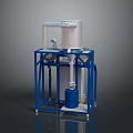 Industrial Equipment With Blue Frame Silver Cylindrical Container Pipes And Blue Barrel At Bottom