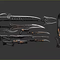 Various Futuristic Weapons With Metallic Structure And Orange Accents