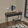Stylish Dressing Table With Wooden Top Black Drawers Round Mirror Table Lamp And Striped Stool