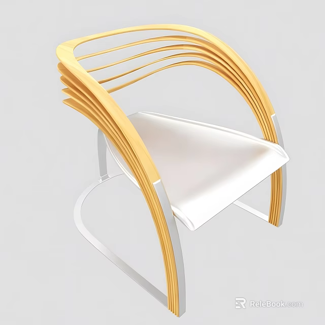 Modern Leisure Chair With Curved Wooden Armrests Parallel Slat Backrest And White Seat 3d model 