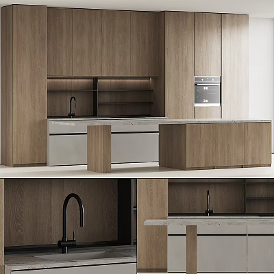 Modern Kitchen Interior Design With Wooden Cabinets Marble Island Countertop Sink And Built-in Appliances 3d model