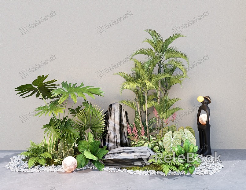 Courtyard landscape sketch plant landscaping stone green plant pile model