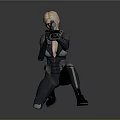 Blonde Woman in Black Combat Suit Holding Sniper Rifle in Crouching Position with Dark Background