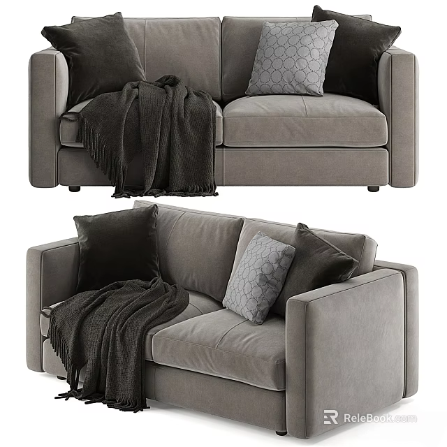 Modern Gray Two Seater Sofa With Soft Velvet Fabric Decorative Pillows And Blanket 3d model 