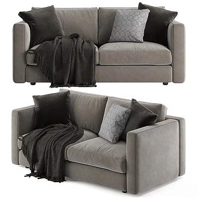 Modern Gray Two Seater Sofa With Soft Velvet Fabric Decorative Pillows And Blanket 3d model