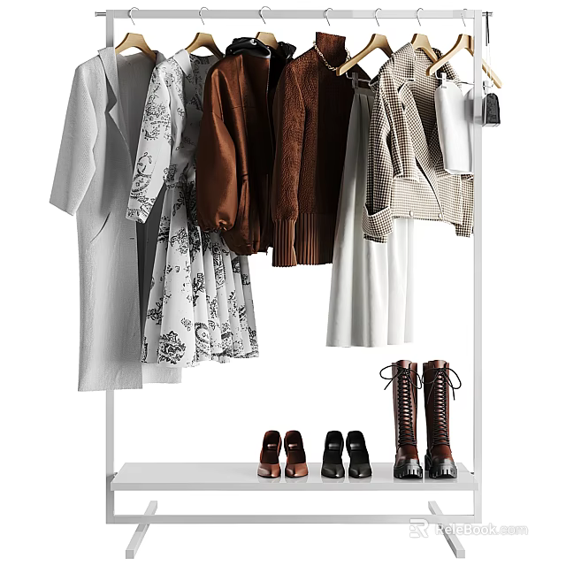 Clothes Rack with Hanging Various Clothes Dresses Coats Jackets and Shoes on Lower Shelf 3d model 