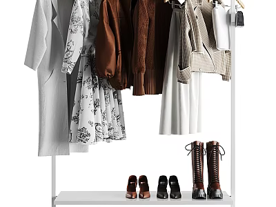 Clothes Rack with Hanging Various Clothes Dresses Coats Jackets and Shoes on Lower Shelf 3d model