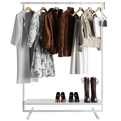 Clothes Rack with Hanging Various Clothes Dresses Coats Jackets and Shoes on Lower Shelf 3d model