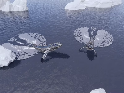 Two Whales Swimming Near Large Icebergs On Calm Ocean Surface 3d model