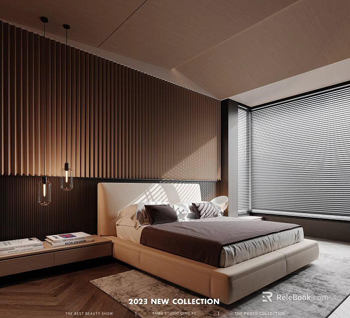 Modern Bedroom Interior With Wooden Slat Wall White Bed Frame Brown Bedding And Window Blinds 3d model 