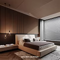 Modern Bedroom Interior With Wooden Slat Wall White Bed Frame Brown Bedding And Window Blinds