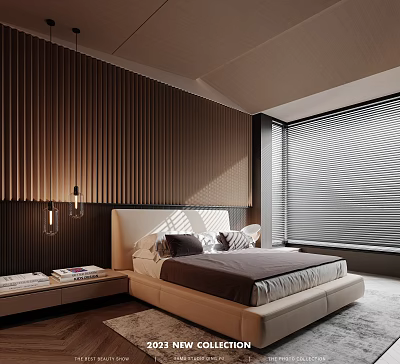 Modern Bedroom Interior With Wooden Slat Wall White Bed Frame Brown Bedding And Window Blinds 3d model