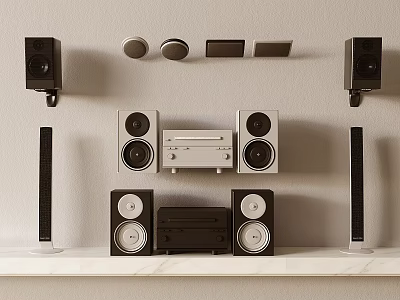 Modern Home Audio System With Wall Mounted Speakers And Shelf Top Amplifier Components 3d model
