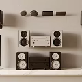 Modern Home Audio System With Wall Mounted Speakers And Shelf Top Amplifier Components
