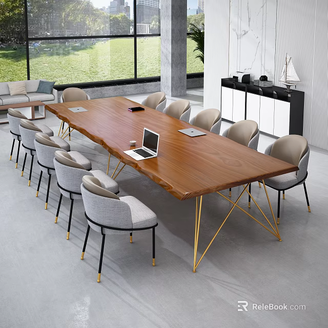 Modern Wooden Conference Table With Gold Metal Legs Gray Chairs And Laptop In Bright Office 3d model 
