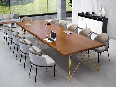 Modern Wooden Conference Table With Gold Metal Legs Gray Chairs And Laptop In Bright Office 3d model