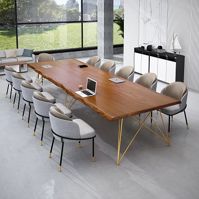 Modern Wooden Conference Table With Gold Metal Legs Gray Chairs And Laptop In Bright Office 3d model