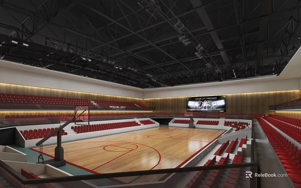 Modern Indoor Basketball Gymnasium With Red Seats Wooden Floor Basketball Hoop And Large Screen 3d model 