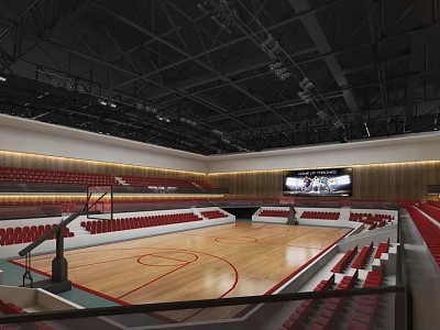 Modern Indoor Basketball Gymnasium With Red Seats Wooden Floor Basketball Hoop And Large Screen 3d model