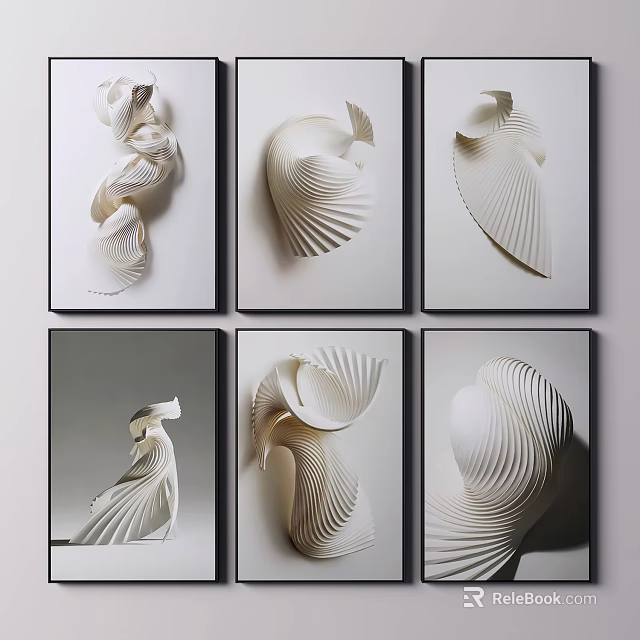 White 3D Paper Art Framed Pieces With Twisted Wave Patterns On Gray Wall 3d model
