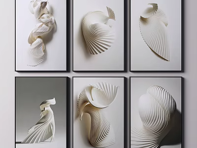 White 3D Paper Art Framed Pieces With Twisted Wave Patterns On Gray Wall 3d model