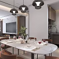 Modern Living And Dining Room Interior With Marble Accent Wall Fireplace And Gray Sofa