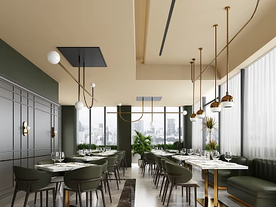 Modern Restaurant Interior Featuring Dark Green Walls Golden Pendant Lights Large Windows And City View 3d model