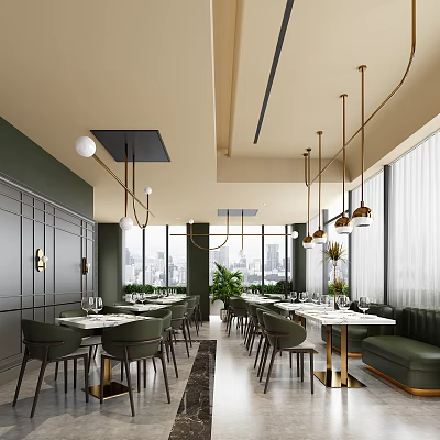Modern Restaurant Interior Featuring Dark Green Walls Golden Pendant Lights Large Windows And City View 3d model