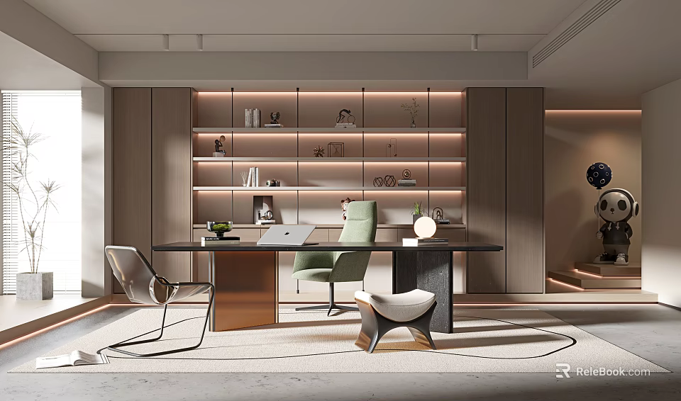 Modern Study Room Interior Design With Shelves Lighting Decorative Items Desk And Chairs 3d model 