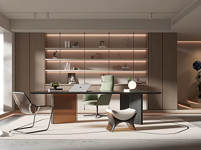 Modern Study Room Interior Design With Shelves Lighting Decorative Items Desk And Chairs 3d model
