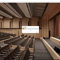 Modern Auditorium Interior With Tiered Seats Wooden Walls Projection Screen And Lectern