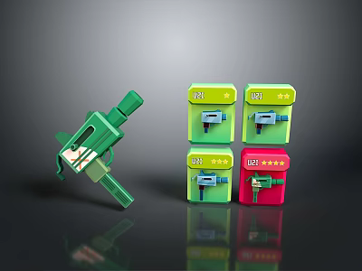 Green Toy Gun Weapon With Green And Red Square Boxes Display Setup 3d model