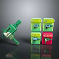 Green Toy Gun Weapon With Green And Red Square Boxes Display Setup