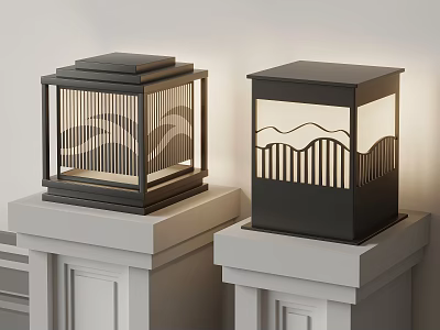 Traditional Black Lanterns On White Pillars With Wavy Pattern Design For Outdoor Decorative Lighting 3d model