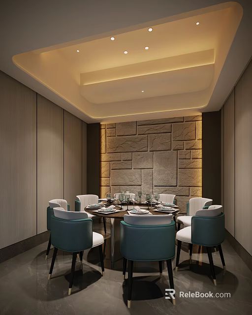 Elegant Private Dining Room With Round Table Blue White Chairs Stone Wall And Ceiling Lighting 3d model