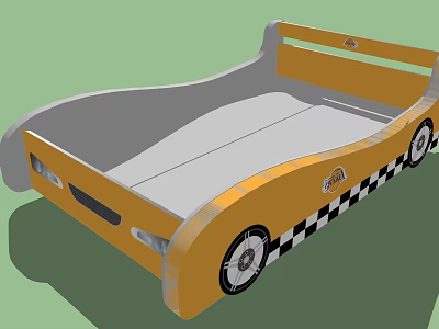 Yellow Car Shaped Kids Bed With Black And White Checkered Wheels And Fun Design 3d model