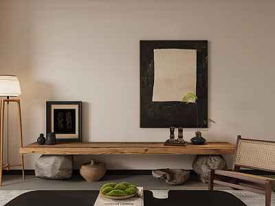 Modern Minimalist Wooden TV Stand With Decorative Stones Vases Wall Art And Floor Lamp 3d model
