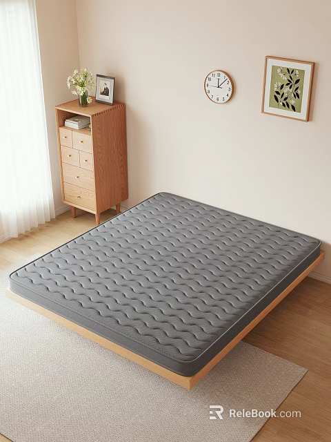 Comfortable Gray Mattress With Wavy Texture On Wooden Bed Frame In Simple Bedroom 3d model 