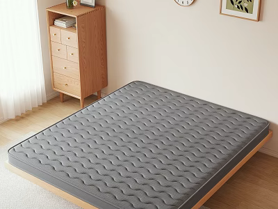 Comfortable Gray Mattress With Wavy Texture On Wooden Bed Frame In Simple Bedroom 3d model