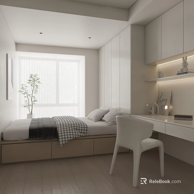 Modern Minimalist Tatami Bedroom Interior With Tatami Bed White Wardrobes Desk And Potted Plant 3d model 