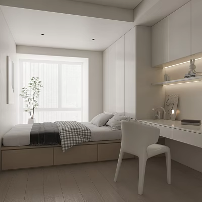 Modern Minimalist Tatami Bedroom Interior With Tatami Bed White Wardrobes Desk And Potted Plant 3d model