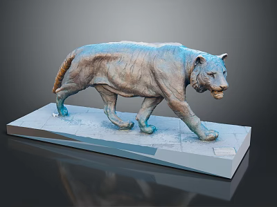 Realistic Tiger Sculpture With Bronze Blue Finish Walking Pose On White Plinth 3d model